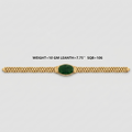 A yellow gold bracelet with a central oval green stone, displayed horizontally on a light gray background with text detailing its weight and dimensions.