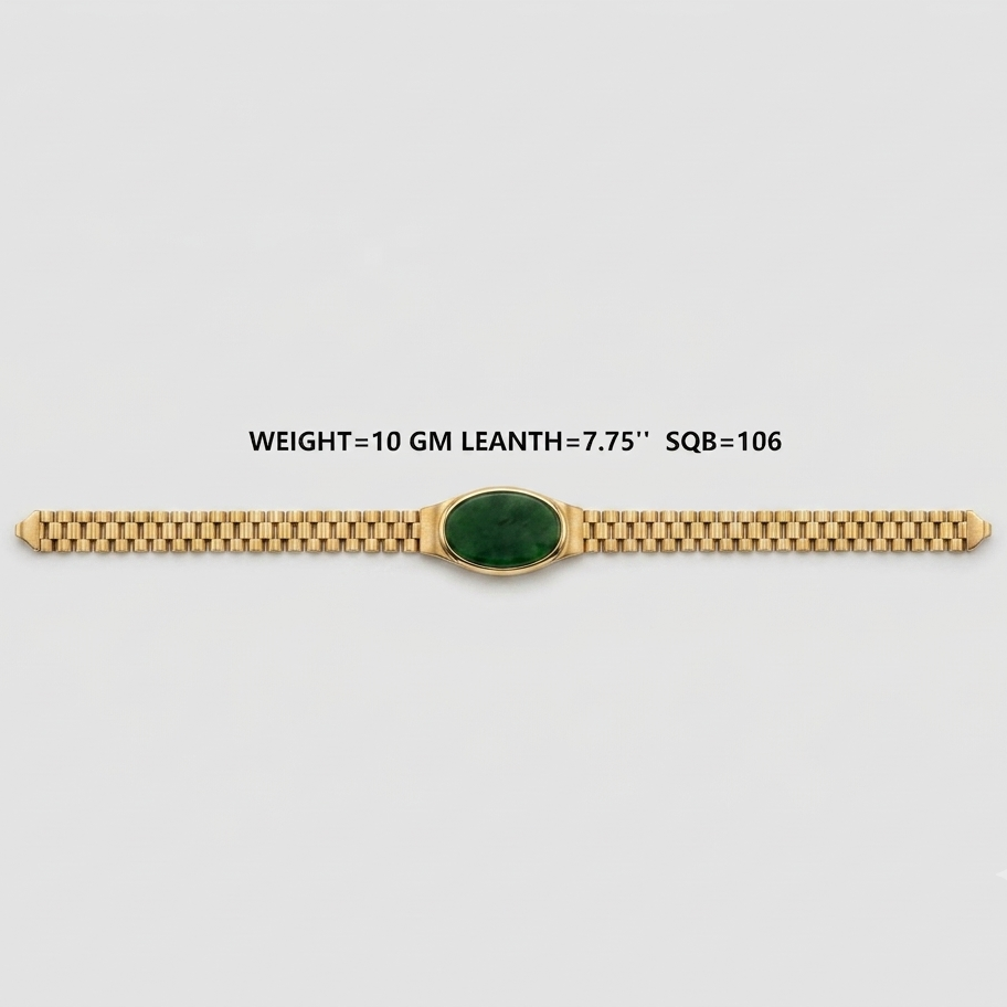 A yellow gold bracelet with a central oval green stone, displayed horizontally on a light gray background with text detailing its weight and dimensions.