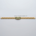 A gold-tone Rolex-style bracelet watch with a checkered link design and a central crown emblem, shown on a light gray background with a small text overlay detailing its weight and dimensions.