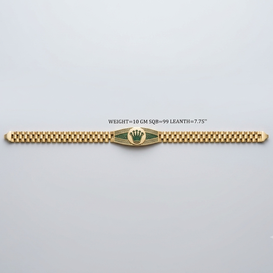 A gold-tone Rolex-style bracelet watch with a checkered link design and a central crown emblem, shown on a light gray background with a small text overlay detailing its weight and dimensions.