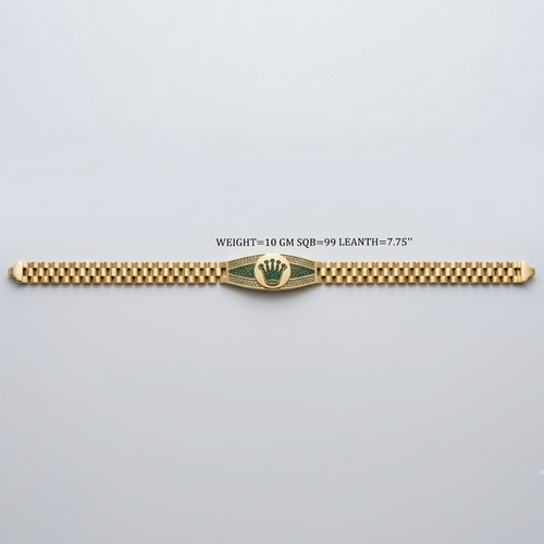 A gold-tone Rolex-style bracelet watch with a checkered link design and a central crown emblem, shown on a light gray background with a small text overlay detailing its weight and dimensions.