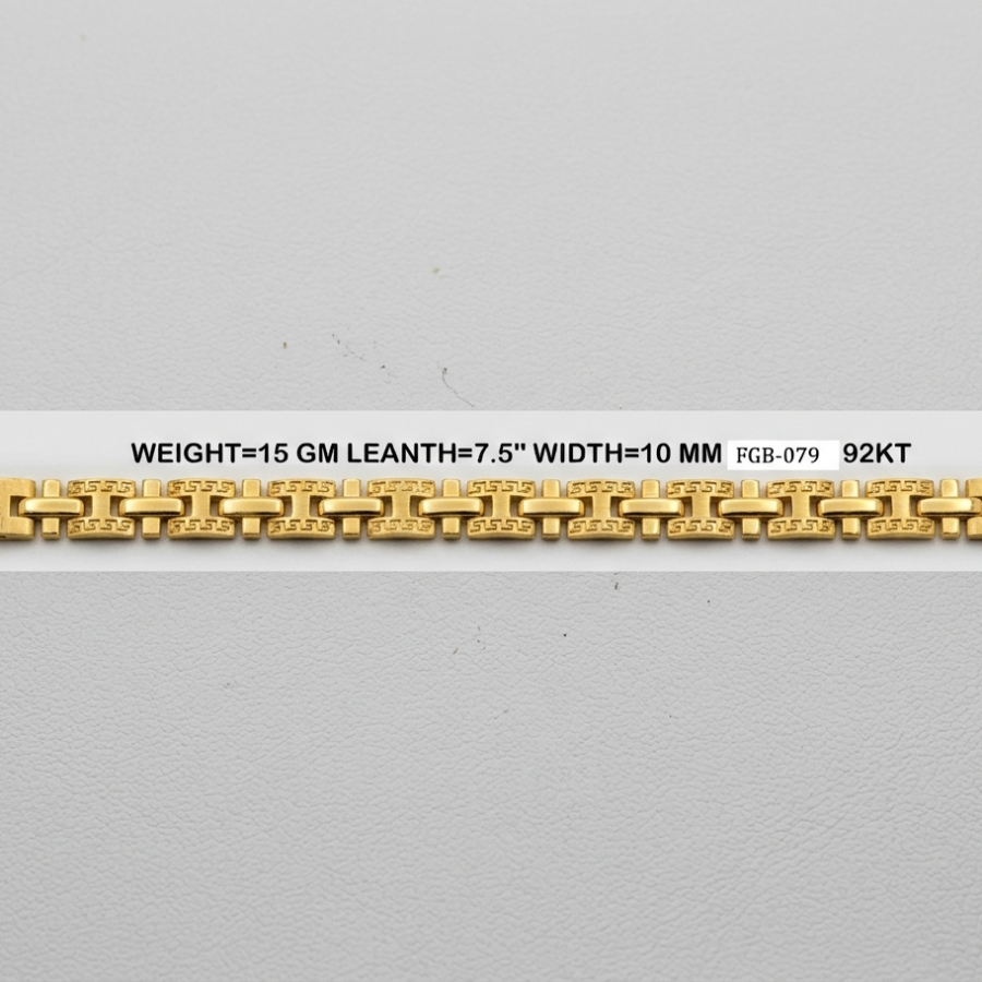 A 15 gram gold chain bracelet with a textured pattern of small squares on each link, displayed horizontally on a light gray textured background with product specifications printed above it.