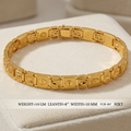 A gold link bracelet displayed on a cream-colored jewelry cushion, with text below showing specifications: WEIGHT=14 GM, LEATH=8" (approx. 20 cm), WIDTH=10 MM, FGB-087, 92KKT.