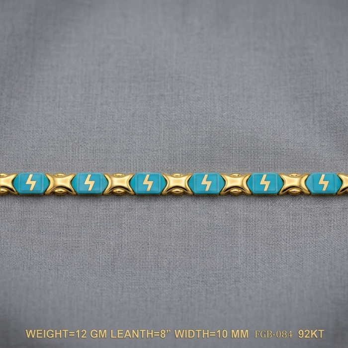 A gold-plated bracelet featuring turquoise blue enamel panels with yellow lightning bolt motifs, displayed on a textured gray fabric background with product specifications printed at the bottom.