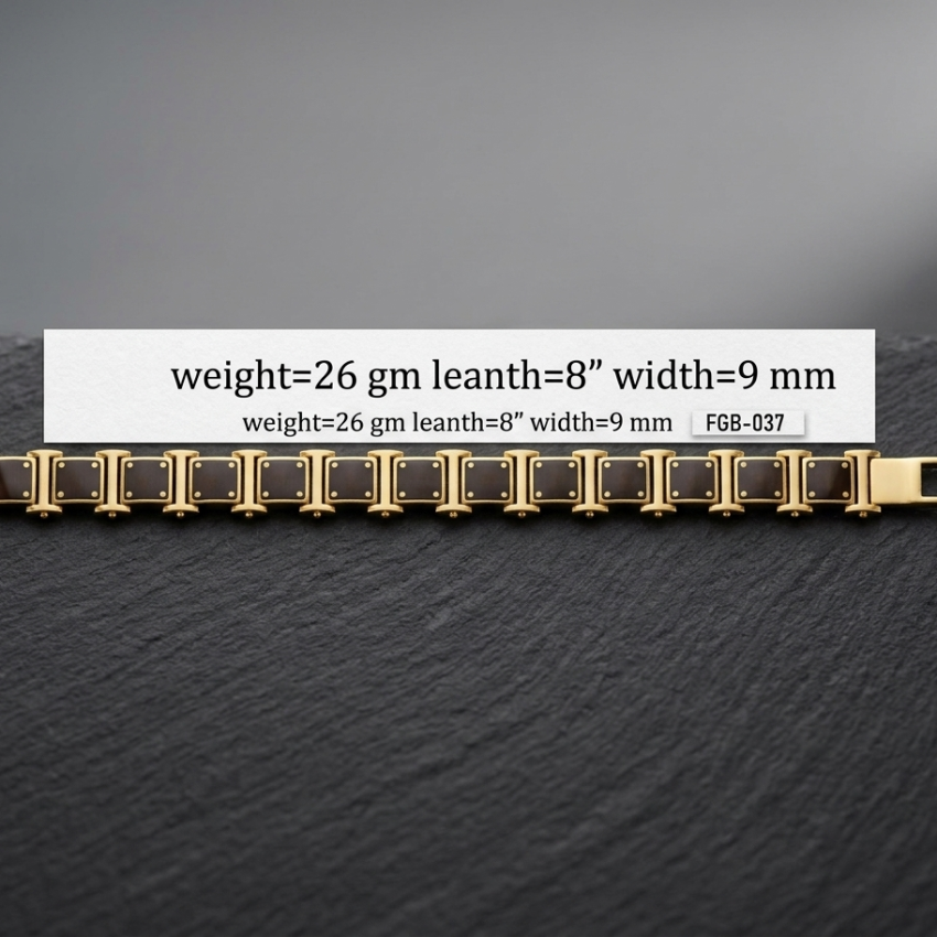 A gold-tone link bracelet with rectangular dark inlays, displayed on a dark textured surface with a white label overlay showing specifications: weight=26 gm, leanth=8", width=9 mm.