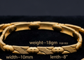 Gold-toned chain bracelet displayed on a black background with overlaid text showing measurements: width 10mm, length 8 inches, and weight 18g. The bracelet has textured links and a clasp closure.
