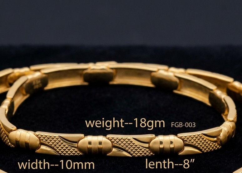 Gold-toned chain bracelet displayed on a black background with overlaid text showing measurements: width 10mm, length 8 inches, and weight 18g. The bracelet has textured links and a clasp closure.
