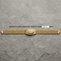 A gold-tone watch band with a central crown emblem, laid flat on a textured gray background. Black text above reads 'WEIGHT=19 GM LENGTH=8" WIDTH=12 MM' and 'FGB-114 92KT'.