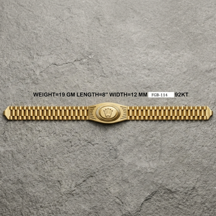 A gold-tone watch band with a central crown emblem, laid flat on a textured gray background. Black text above reads 'WEIGHT=19 GM LENGTH=8" WIDTH=12 MM' and 'FGB-114 92KT'.