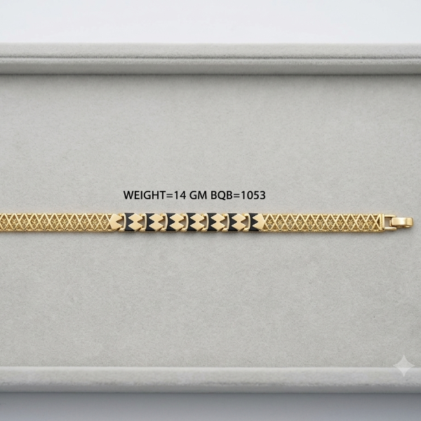 A gold-toned bracelet with a textured geometric pattern and black diamond-shaped accents, displayed horizontally inside a light gray jewelry box. Text in the center reads 'WEIGHT=14 GM BQB=1053'.