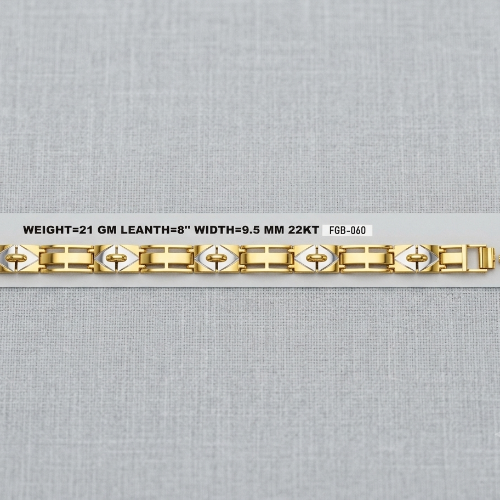 A gold-toned link bracelet with white inlay details, displayed horizontally on a light gray textured fabric background with a white paper label underneath showing specifications.