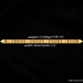 A gold-toned metal bracelet or chain bar shown horizontally on a black background, with overlaid text stating weight 13.500gm, width 9mm, and length 7.