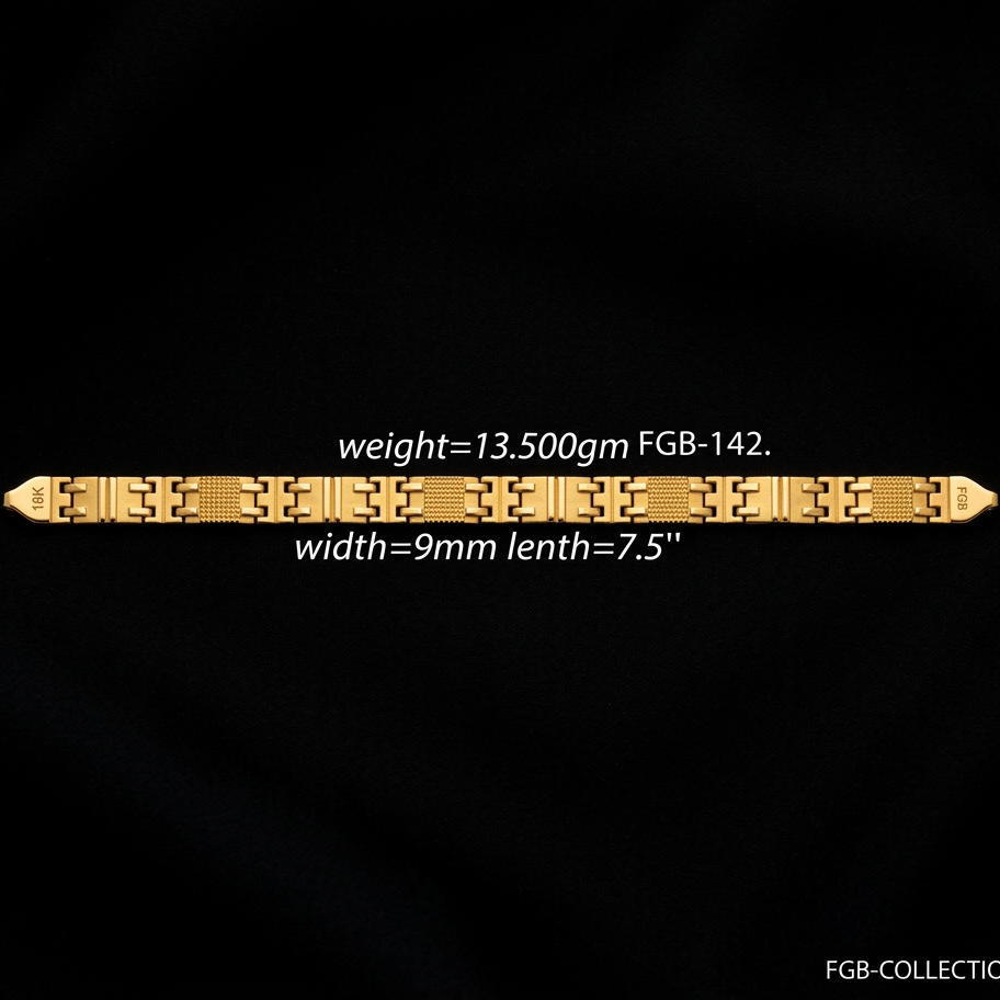 A gold-toned metal bracelet or chain bar shown horizontally on a black background, with overlaid text stating weight 13.500gm, width 9mm, and length 7.