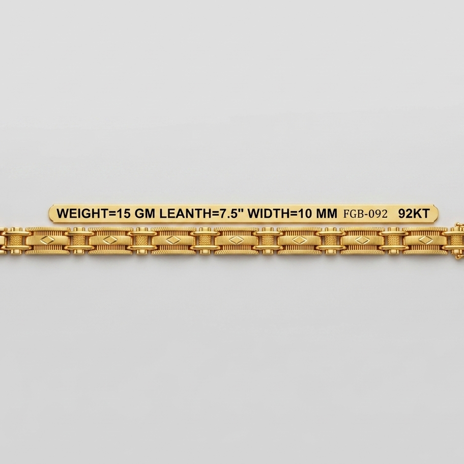 A yellow gold link bracelet with a central identification plaque showing its specifications, photographed against a neutral light gray background.