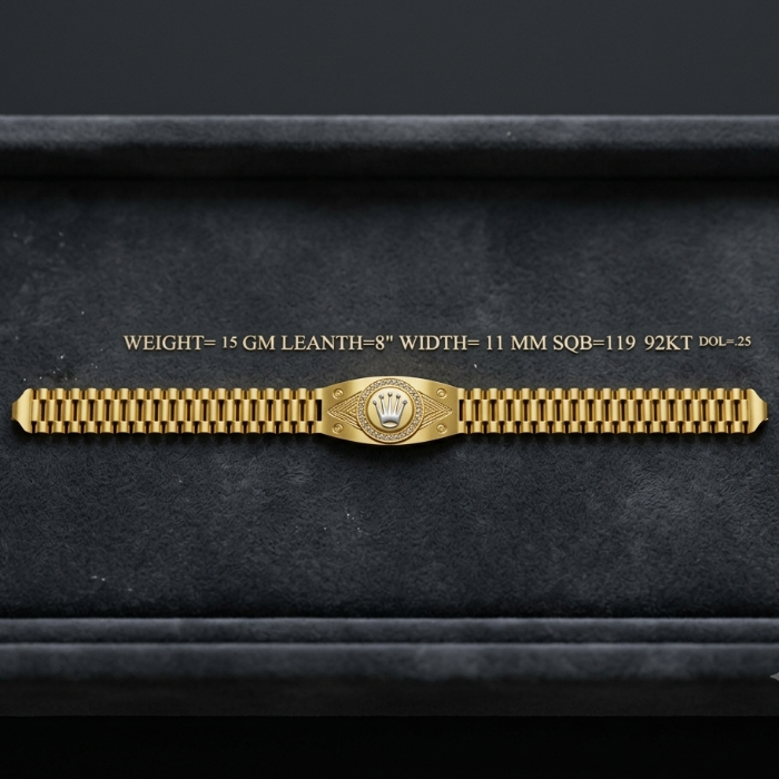 A gold Rolex Jubilee bracelet displayed horizontally inside a black velvet jewelry box, with gold text above reading 'WEIGHT= 15 GM LEANTH-8" WIDTH= 11 MM SQB-119 92K T DOL-22'.