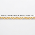 A gold-toned metal bracelet with geometric links and small clear stones, shown on a plain white background with text listing weight, length, width, and karat details.