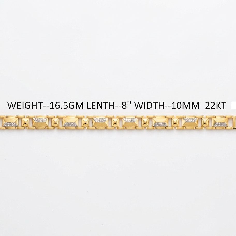 A gold-toned metal bracelet with geometric links and small clear stones, shown on a plain white background with text listing weight, length, width, and karat details.