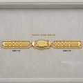 A gold-colored watch band with a textured link pattern, displayed horizontally on a light gray textured background. The band has a central oval clasp and two textured end sections, with text labels indicating 'SQB=116' on the left and 'SQB=125' on the right, plus 'WEIGHT=15 GM SQB=125' above.