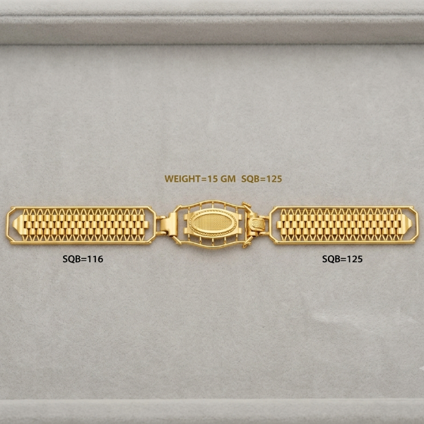 A gold-colored watch band with a textured link pattern, displayed horizontally on a light gray textured background. The band has a central oval clasp and two textured end sections, with text labels indicating 'SQB=116' on the left and 'SQB=125' on the right, plus 'WEIGHT=15 GM SQB=125' above.