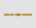 A three-piece gold watch strap set consisting of two matching textured metal links and a central buckle, displayed horizontally on a light gray background.