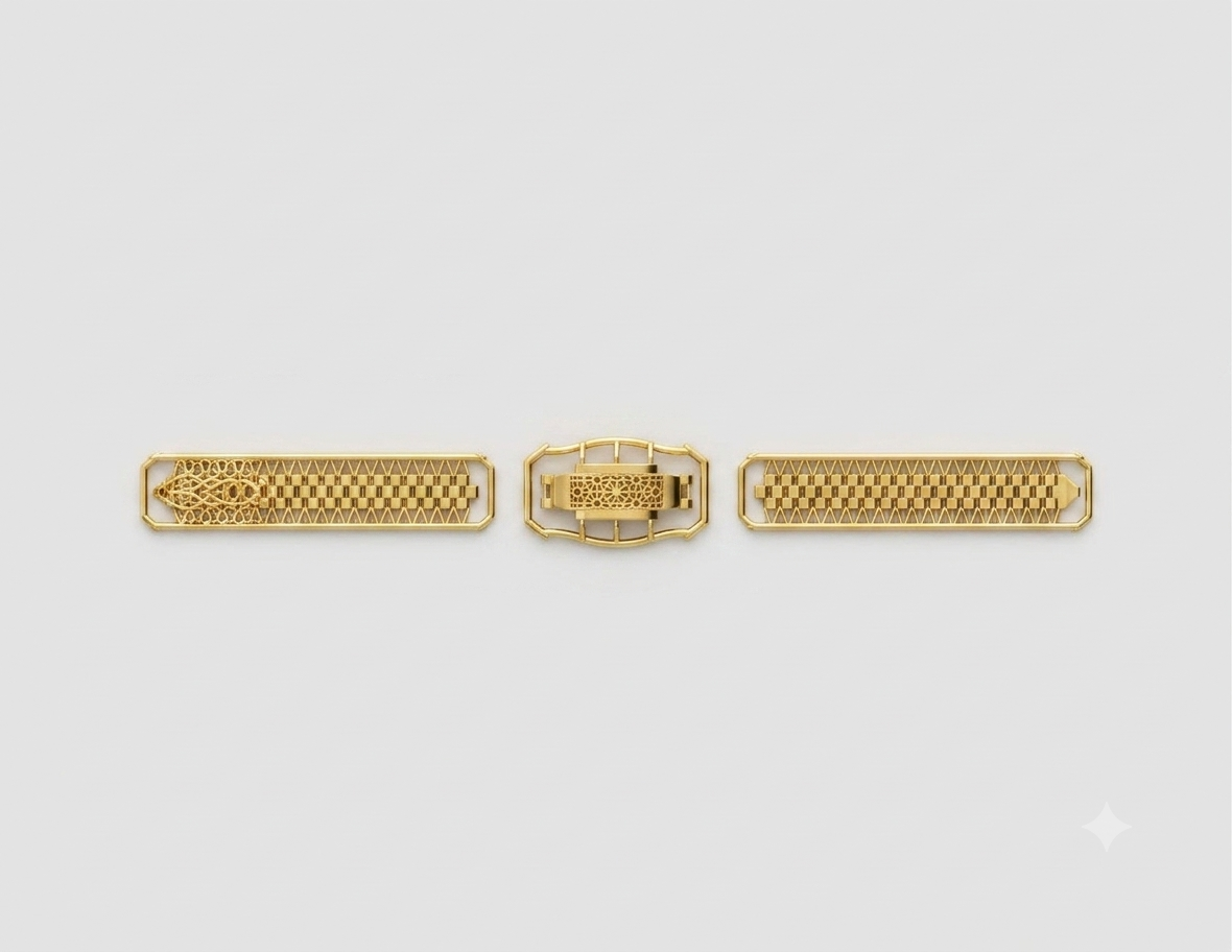 A three-piece gold watch strap set consisting of two matching textured metal links and a central buckle, displayed horizontally on a light gray background.