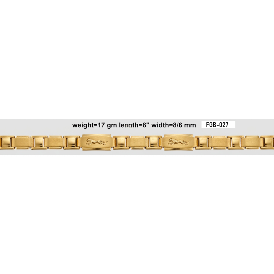 A gold link bracelet with a central engraved link featuring a horse logo, shown against a light gray background with product specifications printed above it.