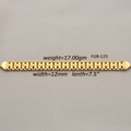 A gold-colored metal link bracelet shown horizontally on a neutral gray background, with black text overlay indicating its weight of 17.00g, width of 12mm, and length of 7.