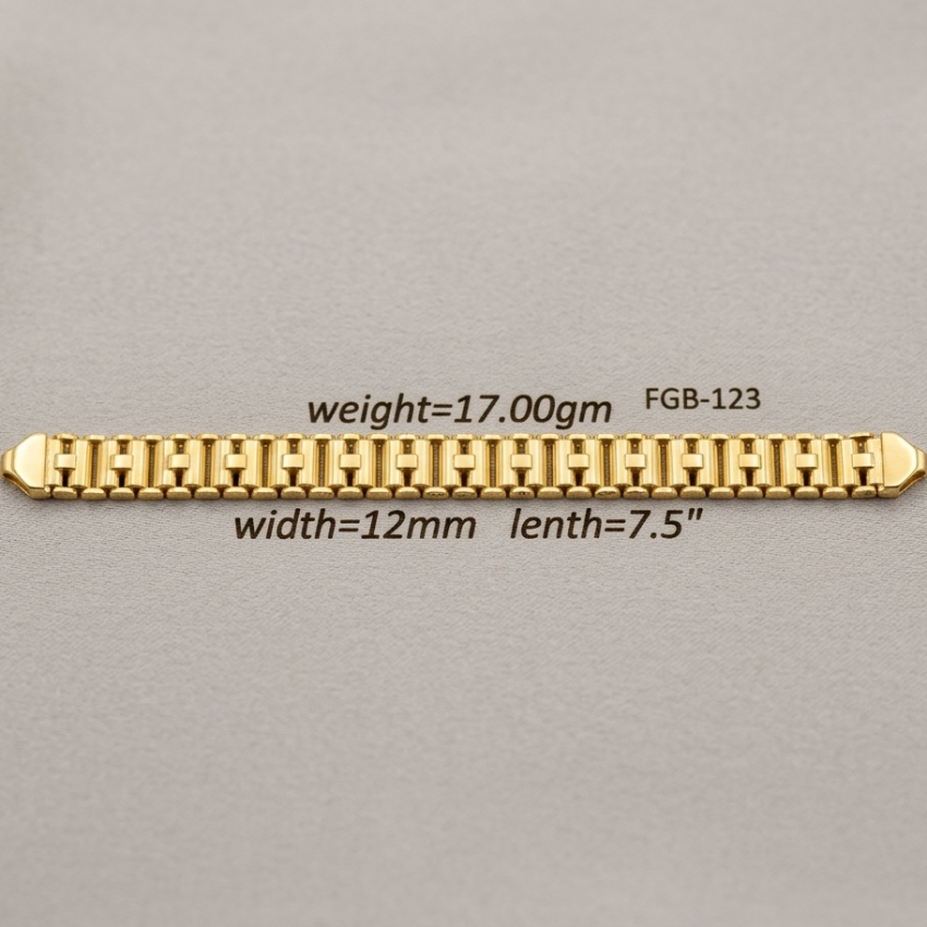 A gold-colored metal link bracelet shown horizontally on a neutral gray background, with black text overlay indicating its weight of 17.00g, width of 12mm, and length of 7.