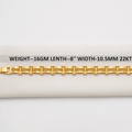 A gold-toned metal chain bracelet with rectangular links and a mesh center section, displayed horizontally on a light beige fabric surface. A text overlay across the middle reads 'WEIGHT--16GM LENTH-8" WIDTH-10.