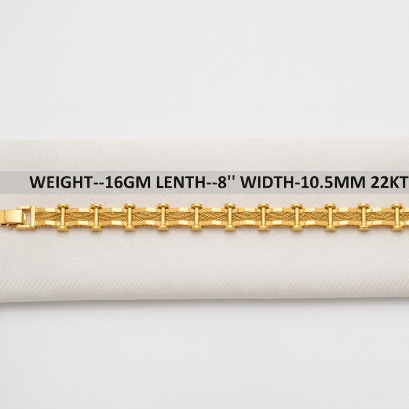 A gold-toned metal chain bracelet with rectangular links and a mesh center section, displayed horizontally on a light beige fabric surface. A text overlay across the middle reads 'WEIGHT--16GM LENTH-8" WIDTH-10.