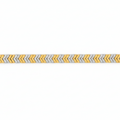 Four product detail cards on a black background showing different lengths of a gold and pink patterned cord or thread, labeled with codes, measurements, and gold weight in grams.