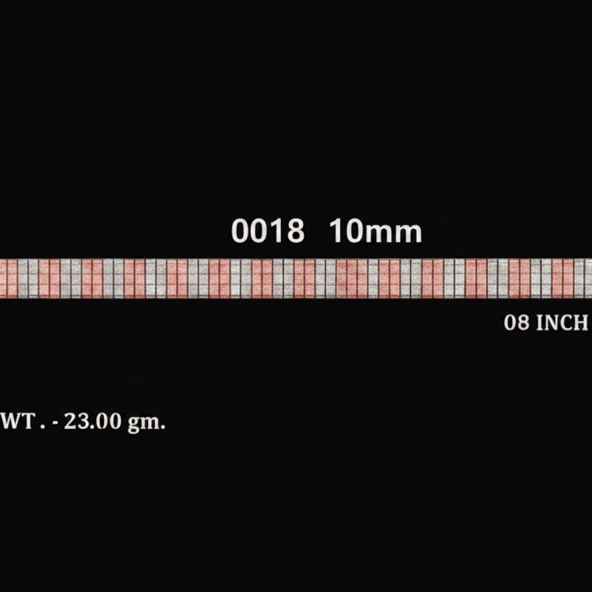 Four product detail cards on a black background showing different lengths of a gold and pink patterned cord or thread, labeled with codes, measurements, and gold weight in grams.
