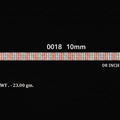 Four product detail cards on a black background showing different lengths of a gold and pink patterned cord or thread, labeled with codes, measurements, and gold weight in grams.
