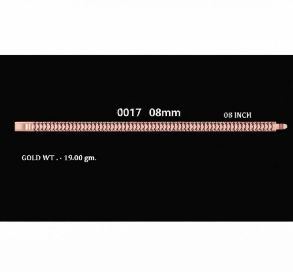 Four product detail cards on a black background showing different lengths of a gold and pink patterned cord or thread, labeled with codes, measurements, and gold weight in grams.