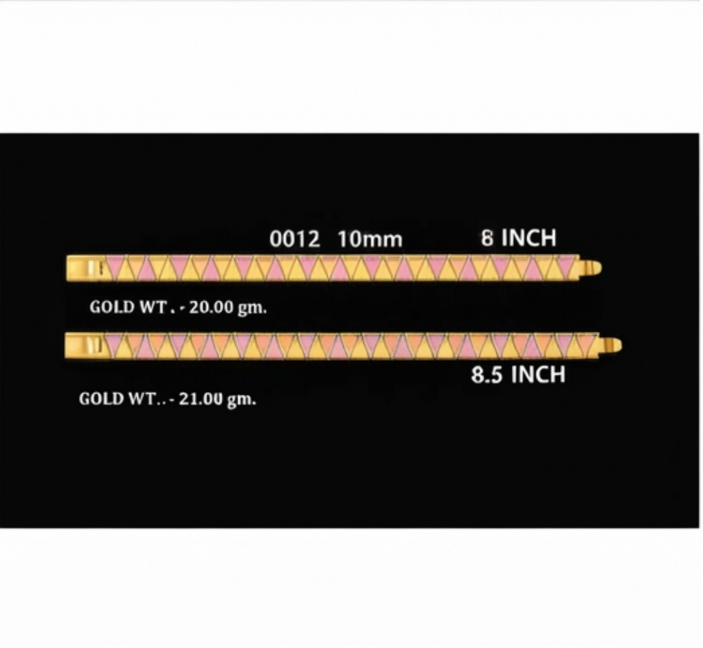 Four product detail cards on a black background showing different lengths of a gold and pink patterned cord or thread, labeled with codes, measurements, and gold weight in grams.