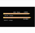 Four product detail cards on a black background showing different lengths of a gold and pink patterned cord or thread, labeled with codes, measurements, and gold weight in grams.