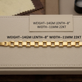 A gold chain bracelet with rectangular links, displayed on a light beige textured leather surface with printed specifications above it.