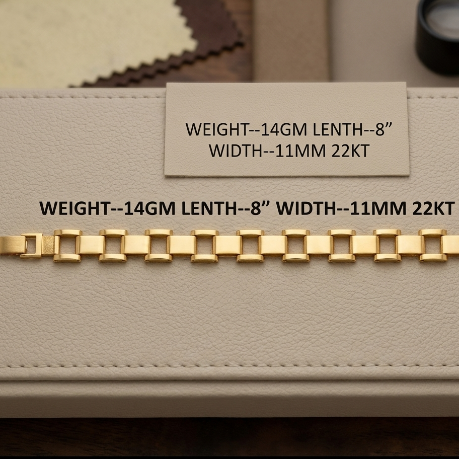 A gold chain bracelet with rectangular links, displayed on a light beige textured leather surface with printed specifications above it.