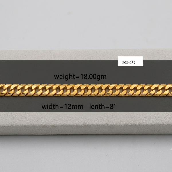 A gold Cuban link chain bracelet displayed on a gray textured block with overlaid dimensions and weight information: weight=18.00gm, width=12mm, length=8".