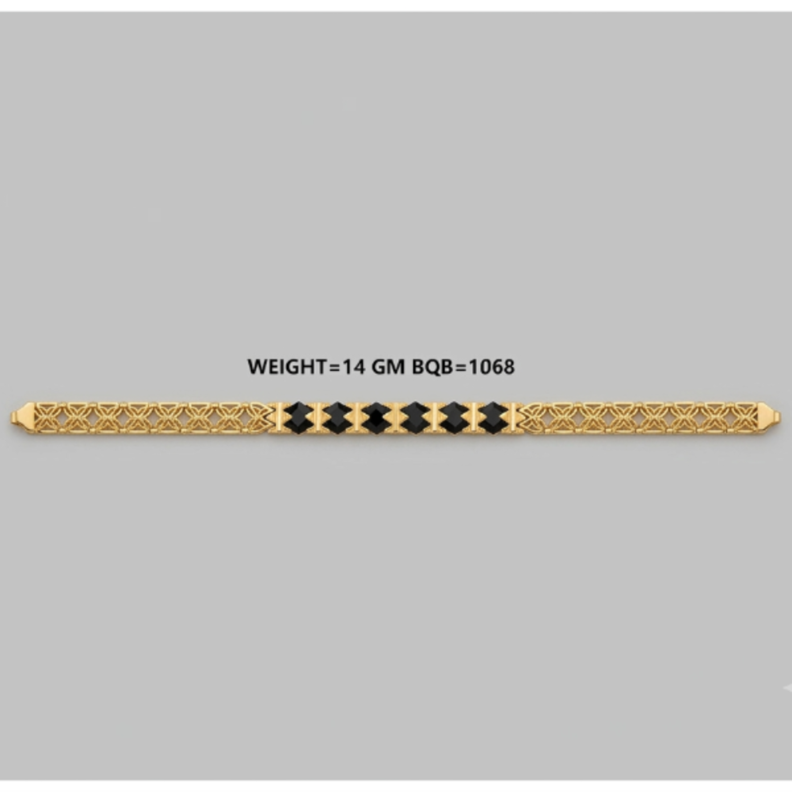 A gold-toned filigree bracelet with a central row of black diamond-shaped stones, shown horizontally on a plain gray background with text indicating weight and gemstone count.