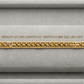 A close-up of a gold chain bracelet displayed on a gray velvet jewelry box. Gold text above the bracelet reads: 'WEIGHT=23 GM LEANTH=22" WIDTH=3 MM SQC=69 22KT'.