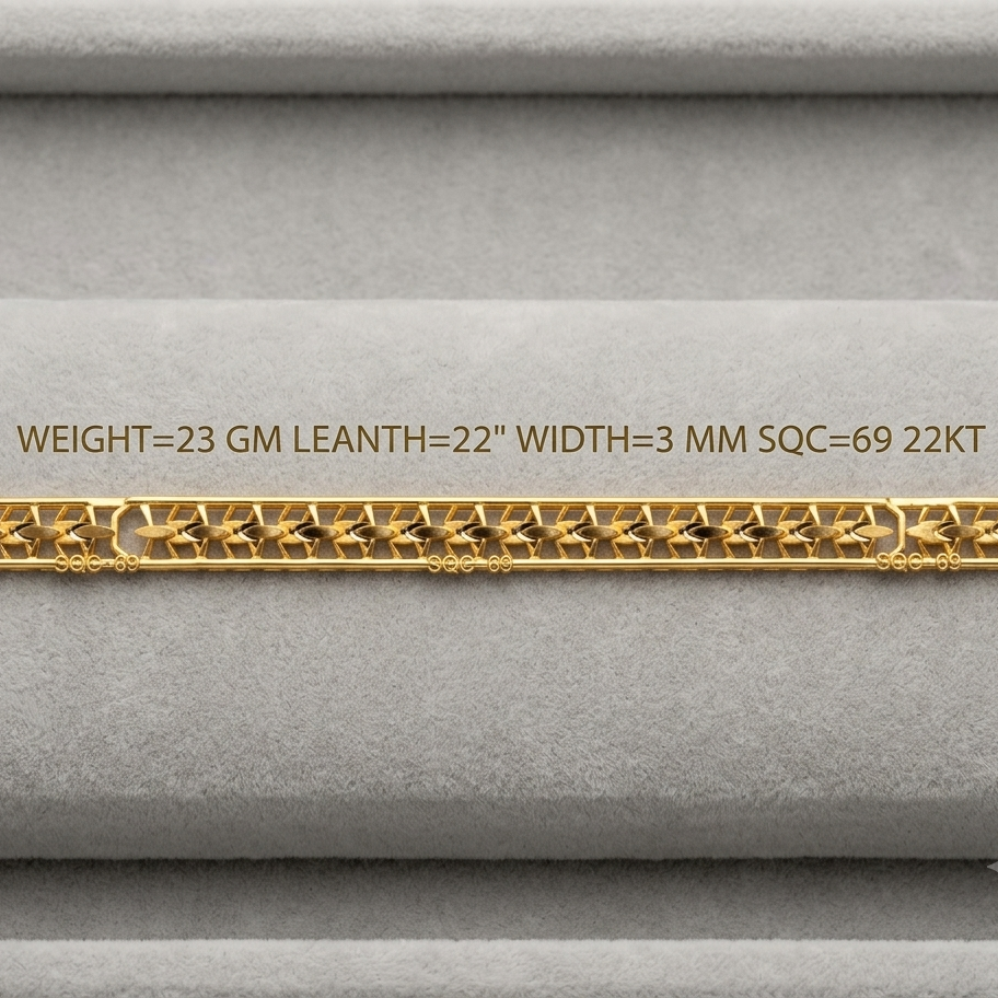 A close-up of a gold chain bracelet displayed on a gray velvet jewelry box. Gold text above the bracelet reads: 'WEIGHT=23 GM LEANTH=22" WIDTH=3 MM SQC=69 22KT'.