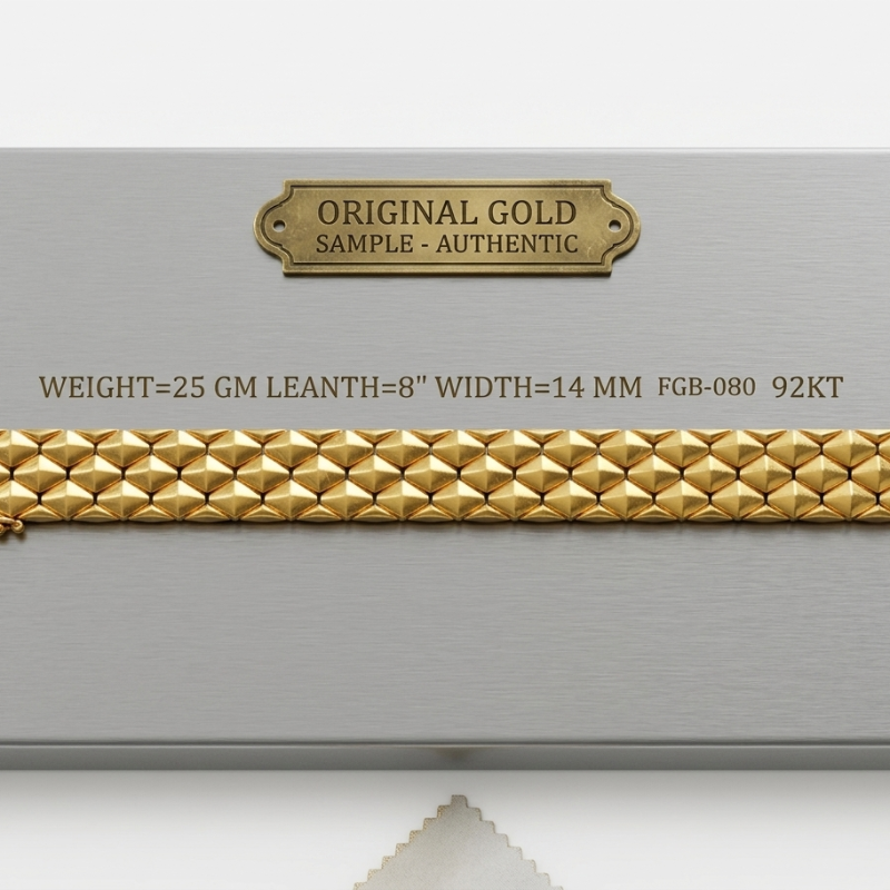 A gold pyramid-link bracelet displayed on a brushed silver metal plaque with a brass plate reading 'ORIGINAL GOLD SAMPLE - AUTHENTIC.' and specifications below.