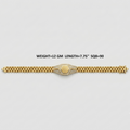 A gold bracelet with a central geometric clasp and pavé-set stones, shown on a light gray background with text detailing its weight, length, and square size.