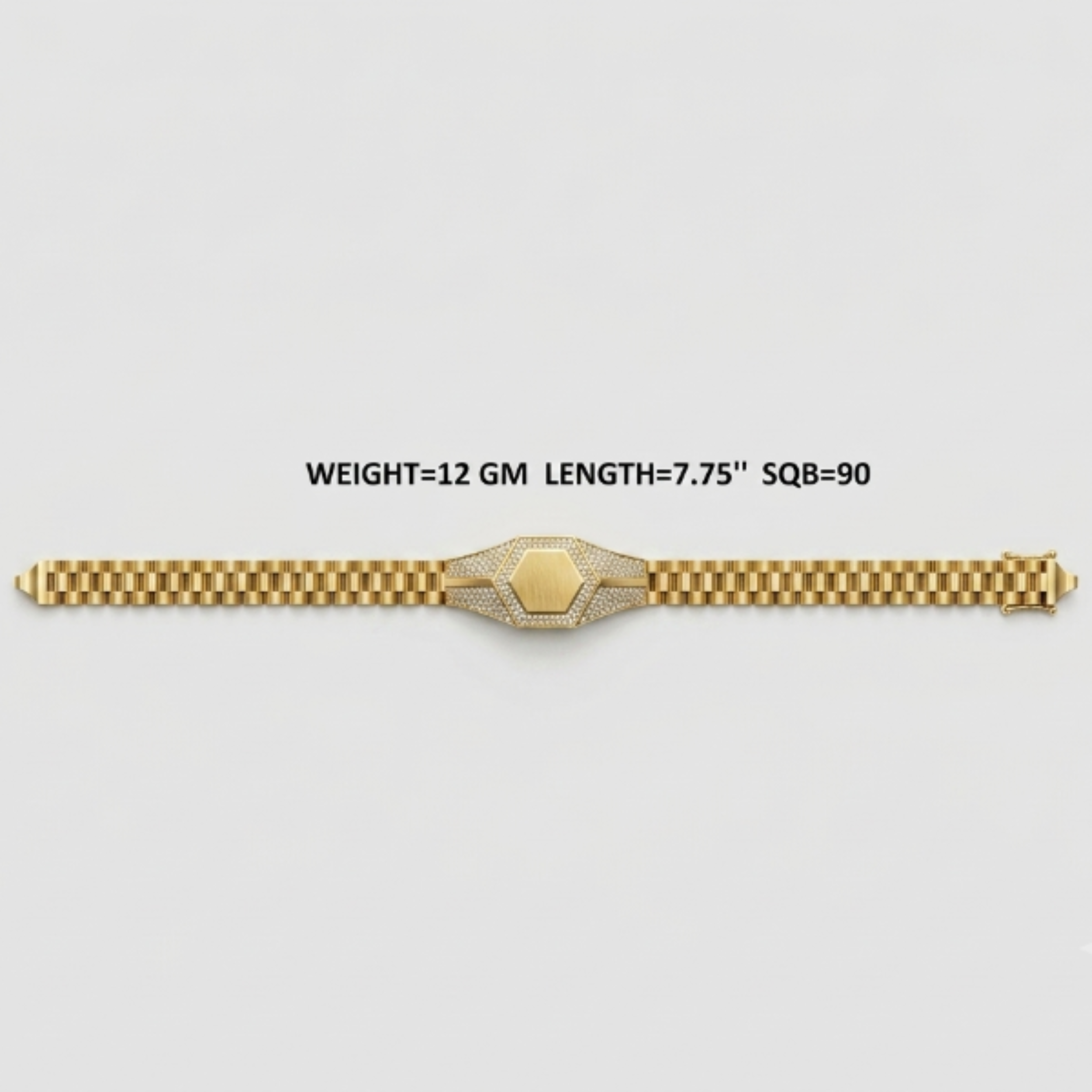 A gold bracelet with a central geometric clasp and pavé-set stones, shown on a light gray background with text detailing its weight, length, and square size.