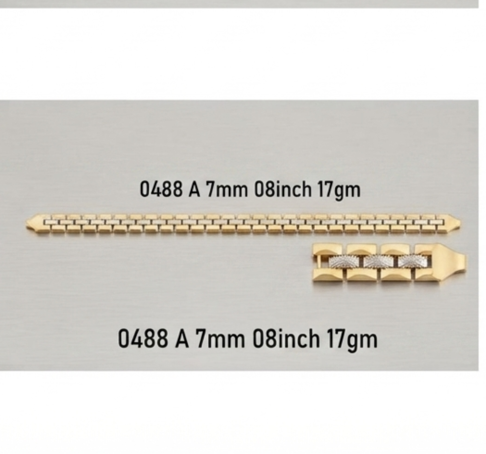 Four gold-toned chain link bracelet end sections and matching connector pieces arranged in a 2x2 grid on a light gray background, with model numbers and weights printed below each piece.