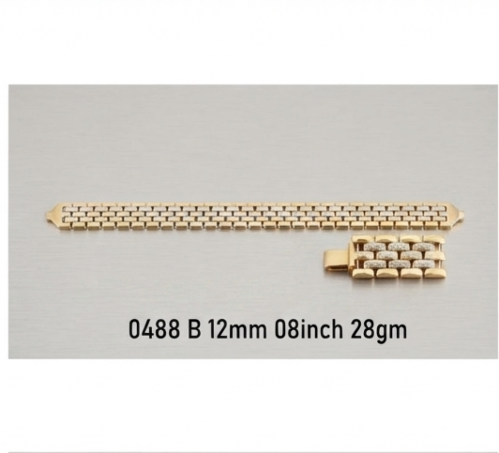  gold-toned chain link bracelet end sections and matching connector pieces arranged in a 2x2 grid on a light gray background, with model numbers and weights printed below each piece.
