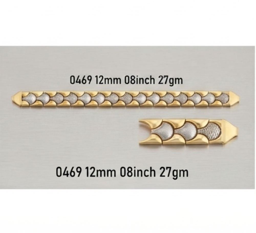 Four gold-toned chain link bracelet end sections and matching connector pieces arranged in a 2x2 grid on a light gray background, with model numbers and weights printed below each piece.