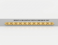 A gold link bracelet displayed horizontally on a light gray background with text above it stating: WEIGHT=14 GM LEATH=8" WIDTH=10 MM SQB=80 92KT.