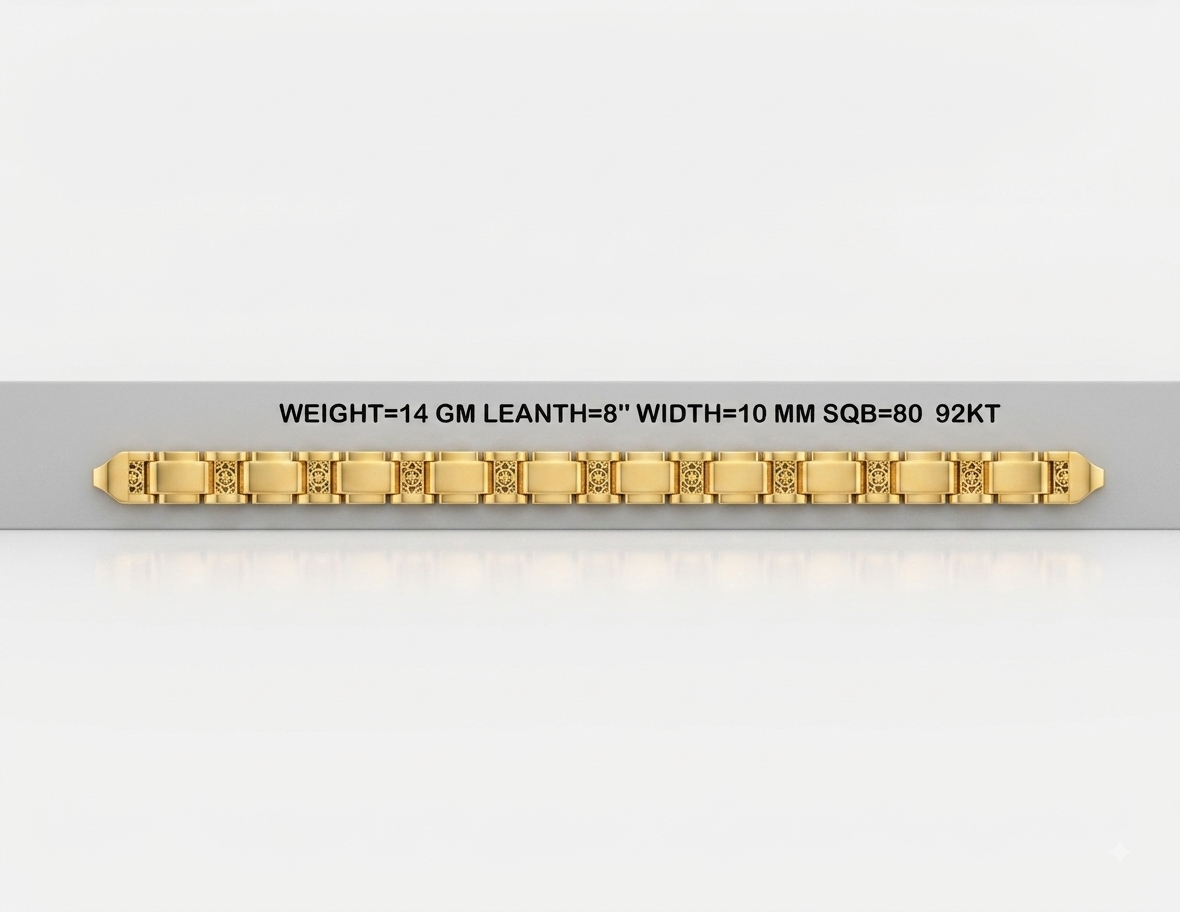 A gold link bracelet displayed horizontally on a light gray background with text above it stating: WEIGHT=14 GM LEATH=8" WIDTH=10 MM SQB=80 92KT.